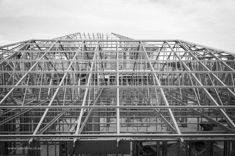 Steel framing showing roof trusses.