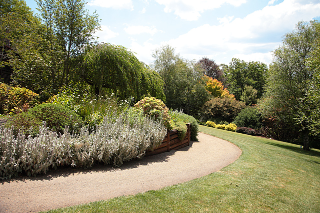 Garden on the left of a windy path with sloping lawn below.