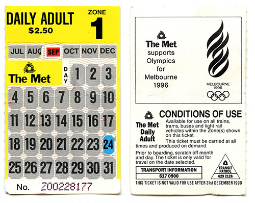 Rail ticket with scratch-off panels to indicate date of travel.