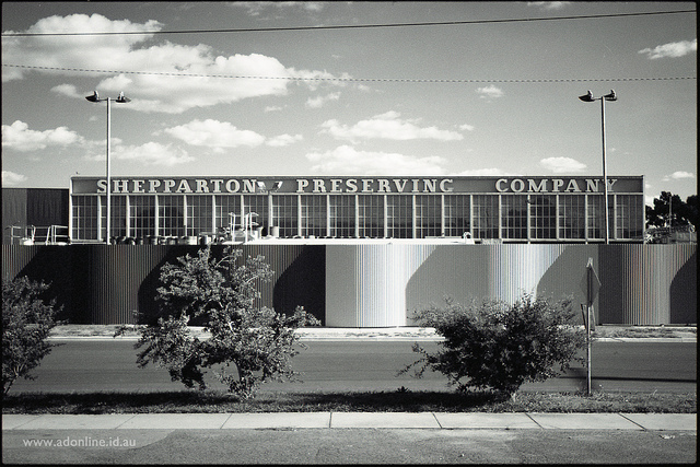 View of factory building with "Shepparton Preseving Company" lettering on the top.