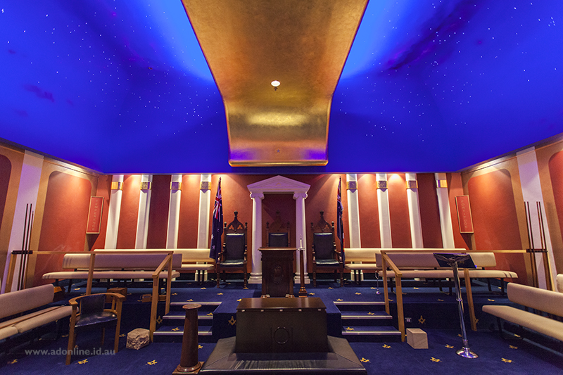 Interior of room with blue ceiling and stars shining
