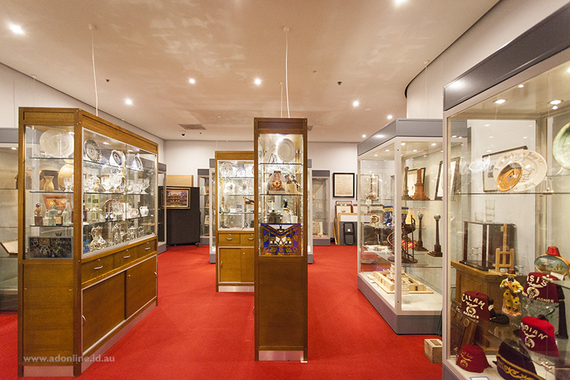 Display cases at the Museum of Freemasonry in Sydney.