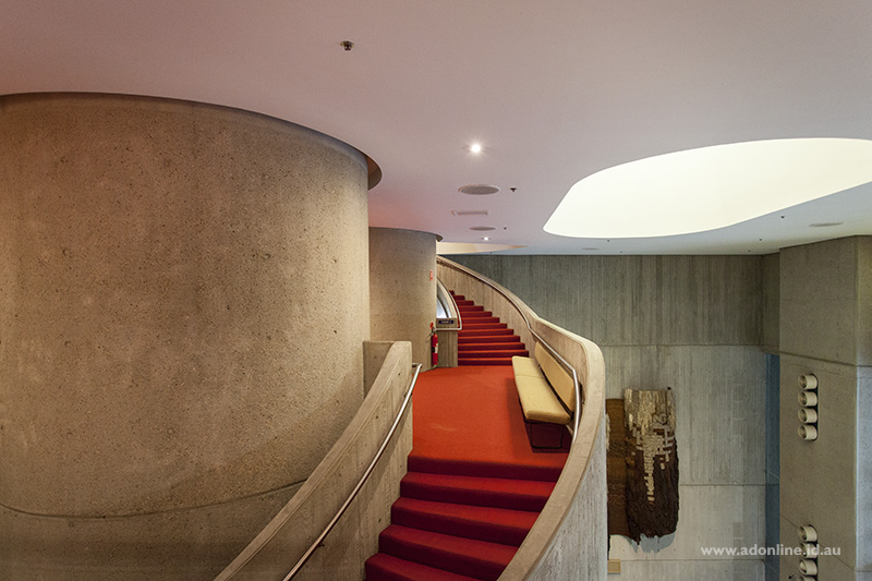 The massive staircase that provides access between the floors of the Sydney Masonic Centre.