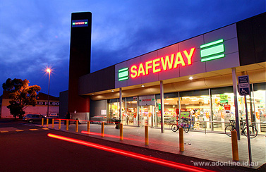 Safeway supermarket illuminated at dusk