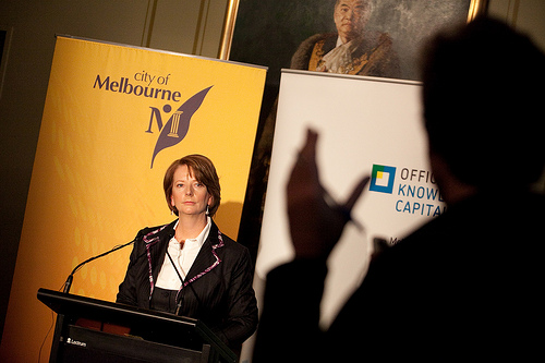 Julia Gillard speaking at a City of Melbourne press conference