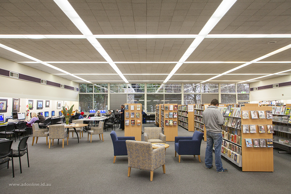 Interior of a library showing bookshelves.