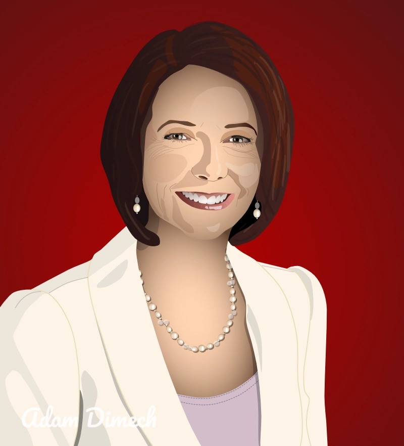 Vector illustration of a woman in a white suit, wearing a necklace, and looking towards the camera